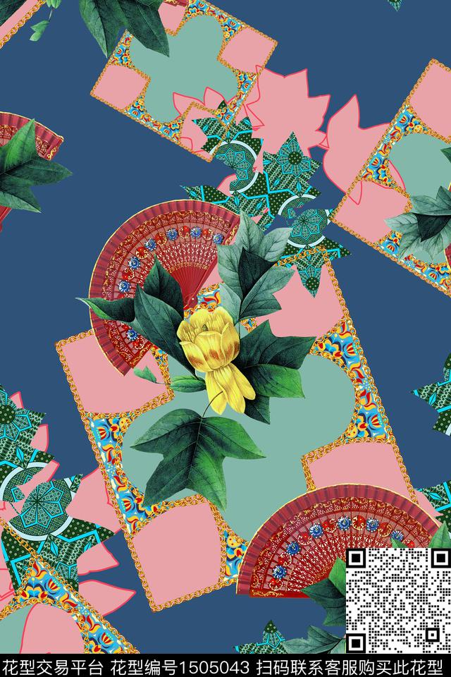 扇子链条花卉数码印花华亿平台下载（图片编号: 1505043） - 瓦栏（Walan）