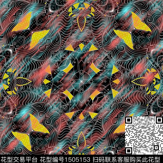 黑底花卉炫彩几何花卉数码印花华亿平台下载（图片编号: 1505153） - 瓦栏（Walan）