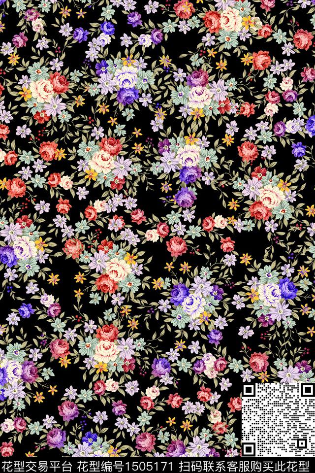 黑底花卉花卉大牌风数码印花华亿平台下载（图片编号: 1505171） - 瓦栏（Walan）