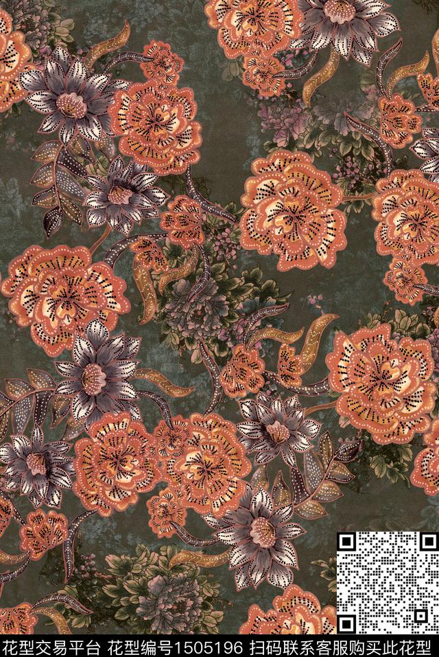 花卉香云纱中国风数码印花华亿平台下载（图片编号: 1505196） - 瓦栏（Walan）
