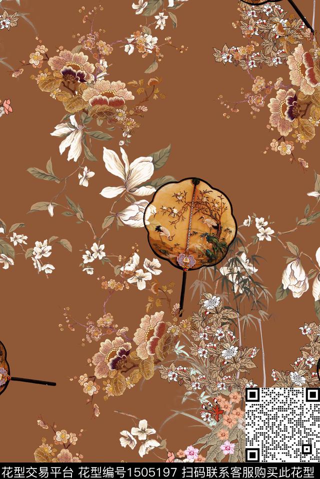 扇子香云纱中国风花卉数码印花华亿平台下载（图片编号: 1505197） - 瓦栏（Walan）
