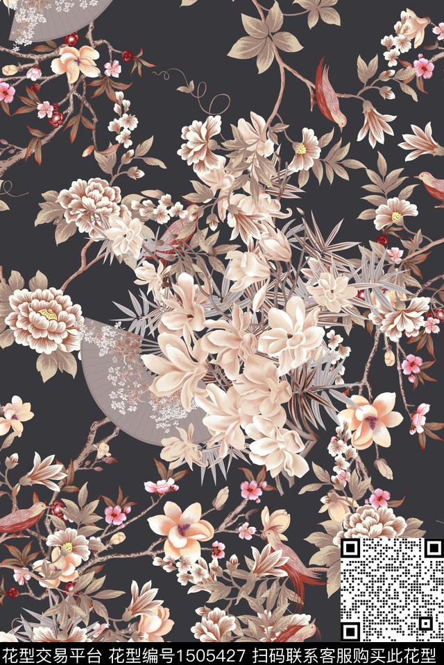 花鸟香云纱中国风数码印花华亿平台下载（图片编号: 1505427） - 瓦栏（Walan）