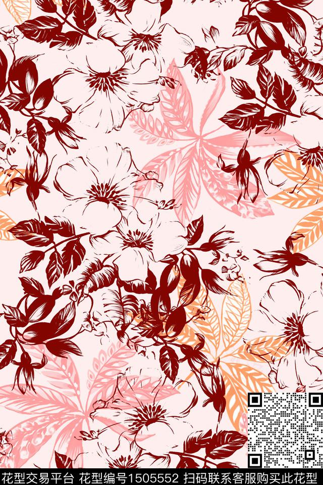 花卉手绘矢量数码印花华亿平台下载（图片编号: 1505552） - 瓦栏（Walan）