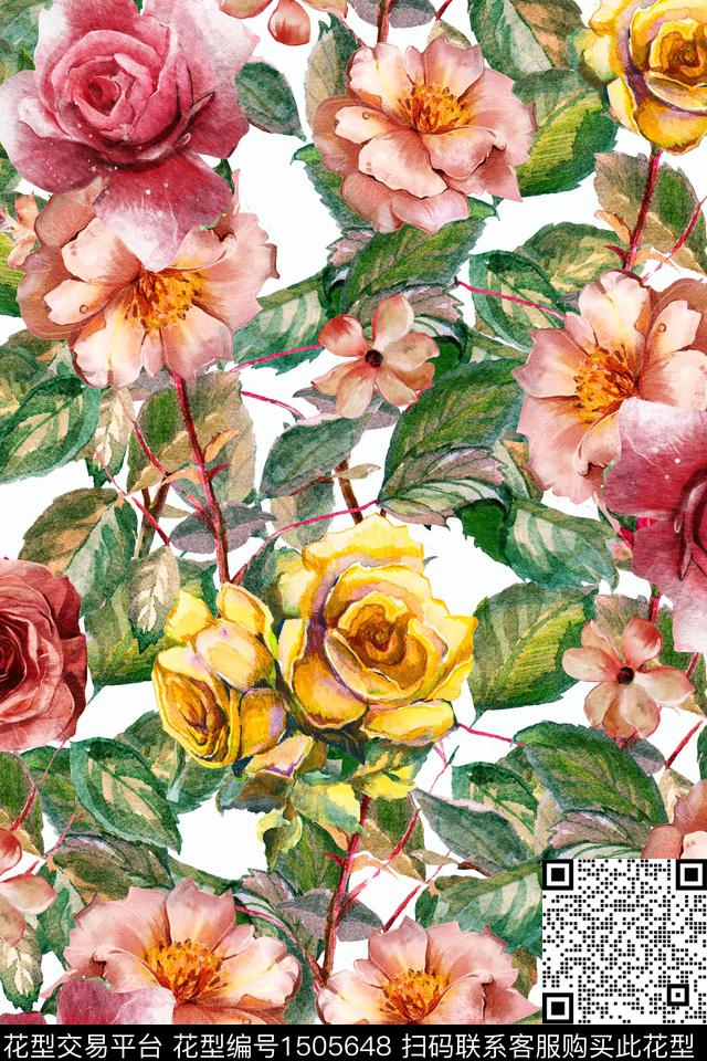 绿植树叶玫瑰花复古数码印花华亿平台下载（图片编号: 1505648） - 瓦栏（Walan）