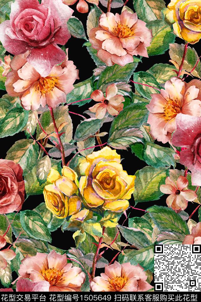 田园绿植树叶玫瑰花数码印花华亿平台下载（图片编号: 1505649） - 瓦栏（Walan）