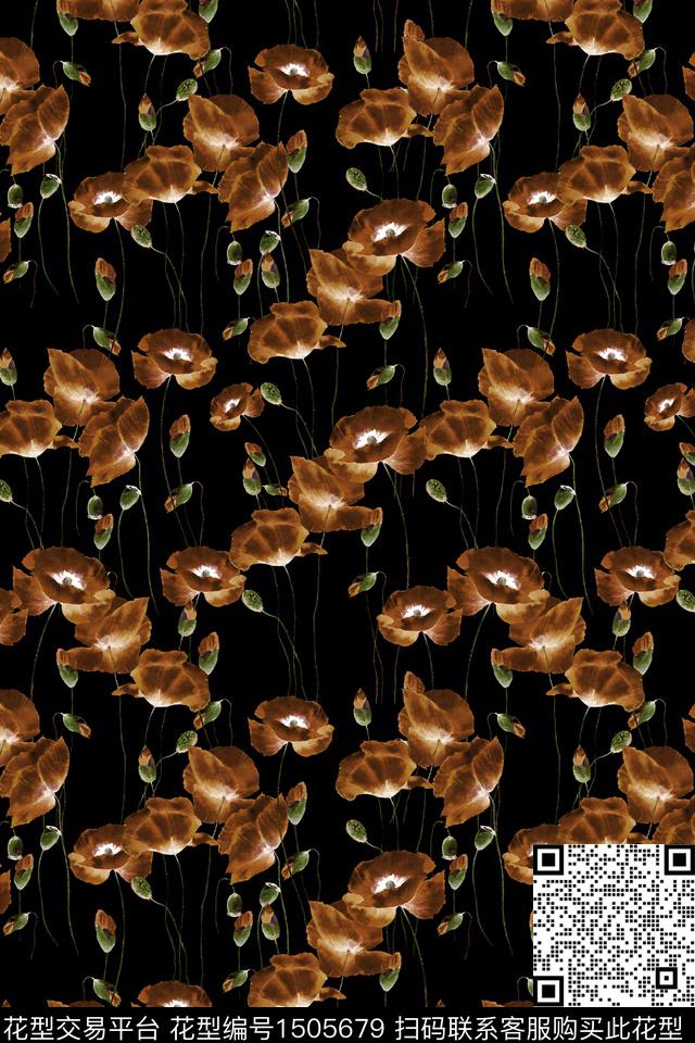 黑底花卉花卉大牌风数码印花华亿平台下载（图片编号: 1505679） - 瓦栏（Walan）