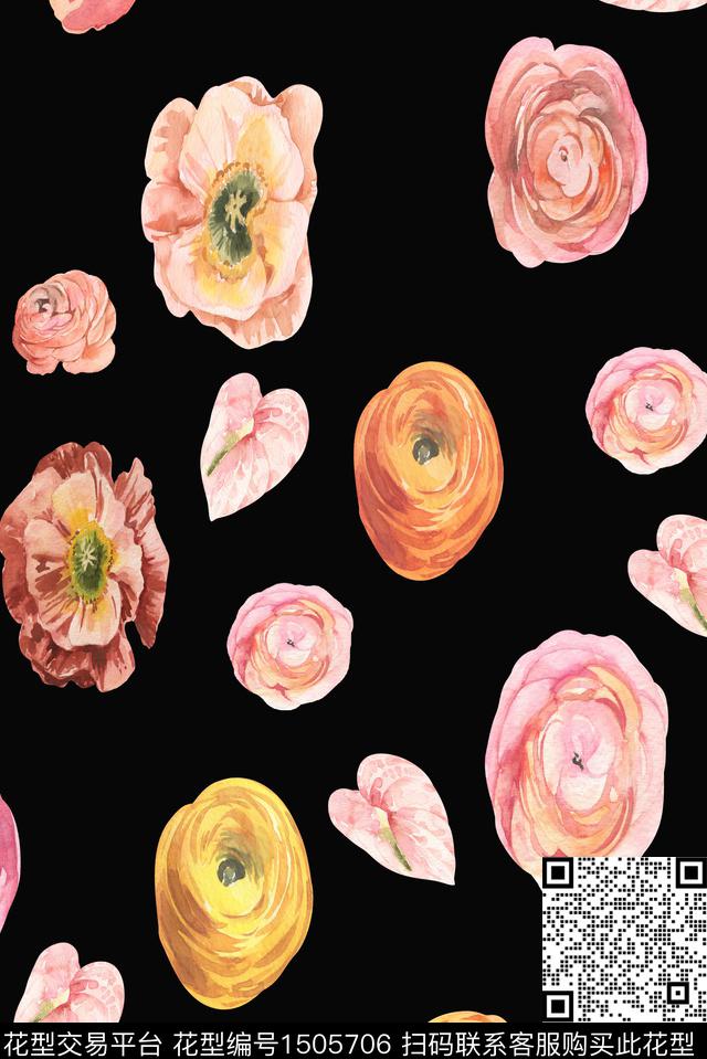 黑底花卉时尚花卉数码印花华亿平台下载（图片编号: 1505706） - 瓦栏（Walan）