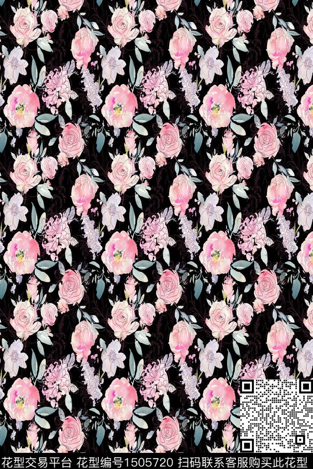 黑底花卉玫瑰花花卉数码印花华亿平台下载（图片编号: 1505720） - 瓦栏（Walan）