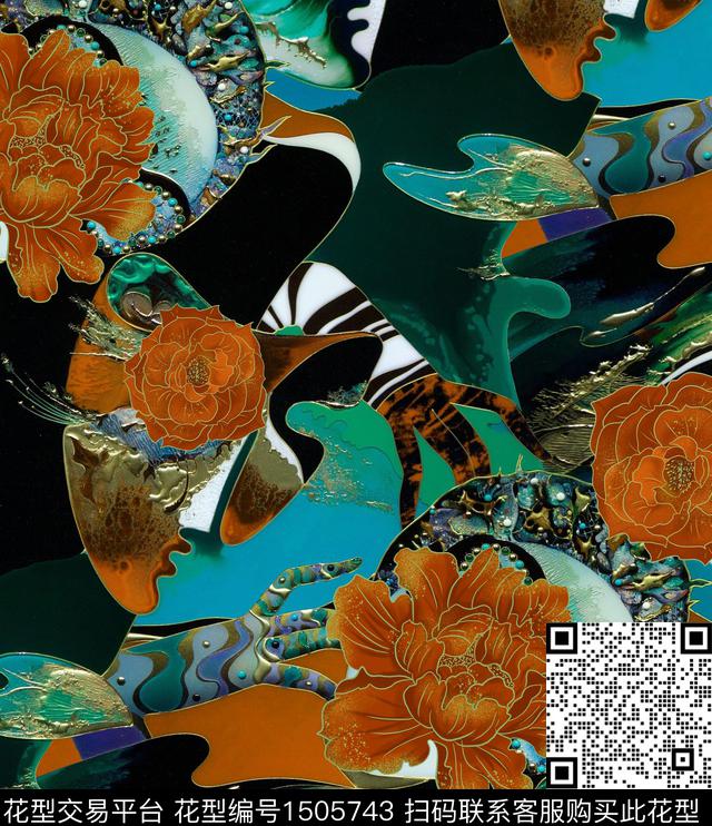 真丝牡丹景泰蓝数码印花华亿平台下载（图片编号: 1505743） - 瓦栏（Walan）