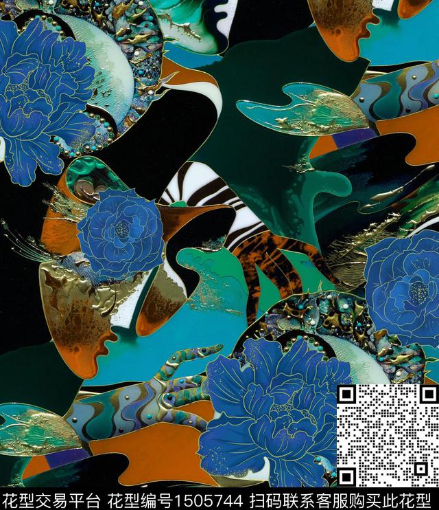 真丝牡丹景泰蓝数码印花华亿平台下载（图片编号: 1505744） - 瓦栏（Walan）