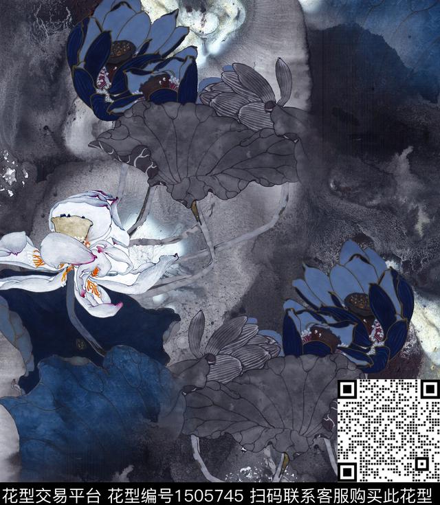 荷花水墨风真丝数码印花华亿平台下载（图片编号: 1505745） - 瓦栏（Walan）