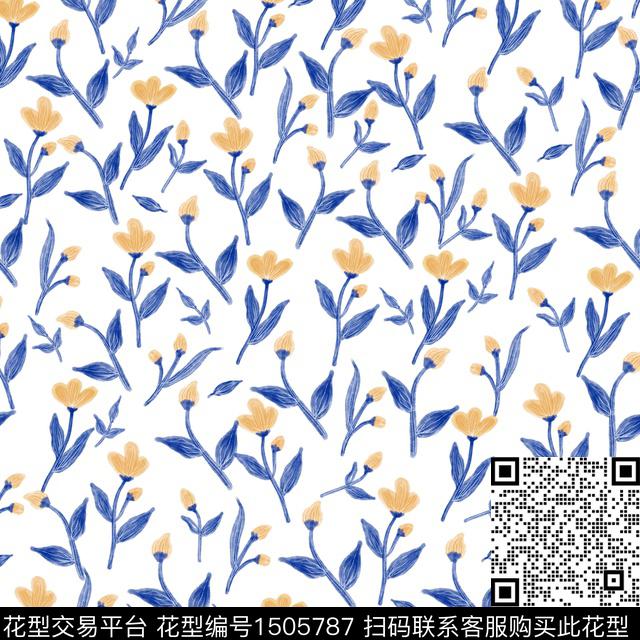 黑底花卉小清新小碎花数码印花华亿平台下载（图片编号: 1505787） - 瓦栏（Walan）