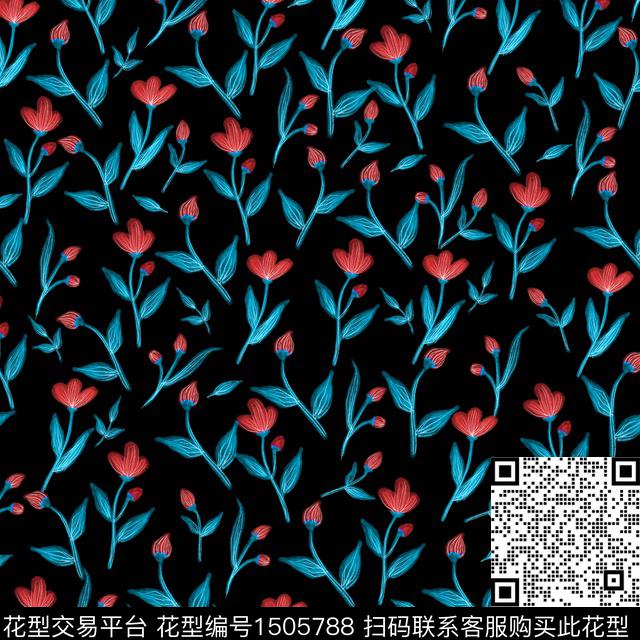 黑底花卉小清新小碎花数码印花华亿平台下载（图片编号: 1505788） - 瓦栏（Walan）