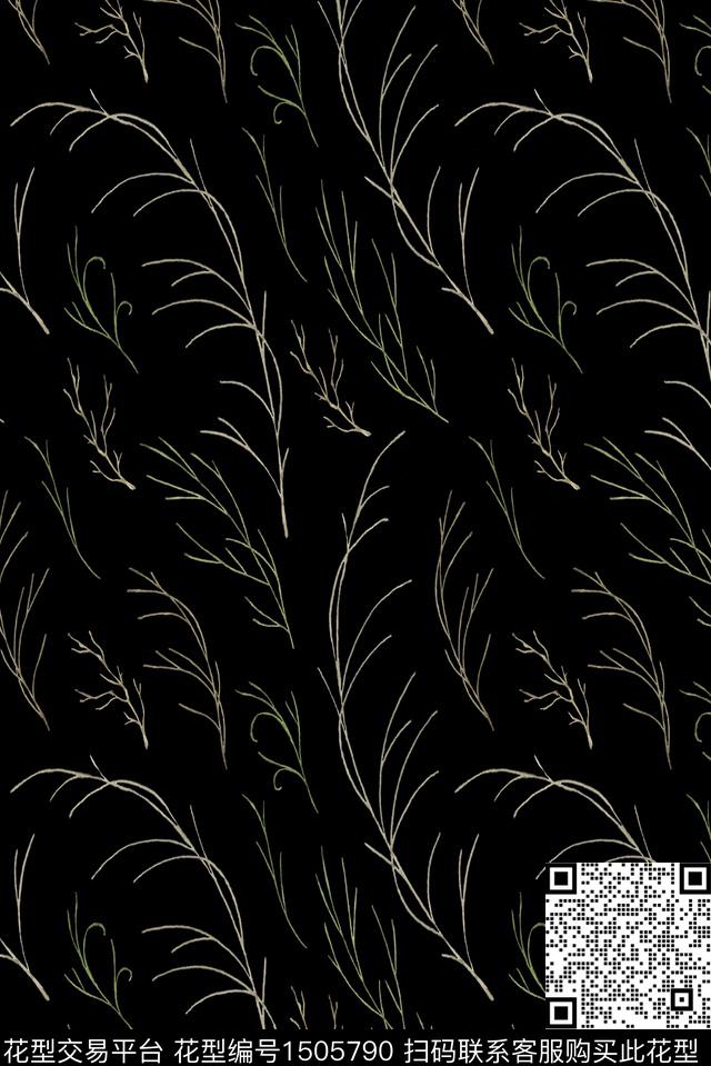 黑底花卉树枝香云纱数码印花华亿平台下载（图片编号: 1505790） - 瓦栏（Walan）