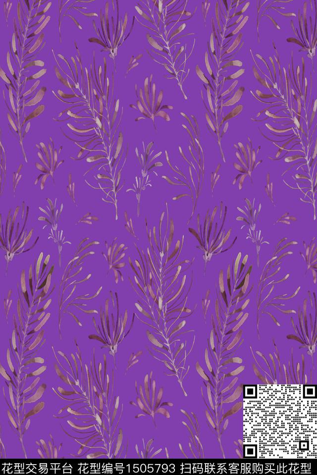 彩底花卉紫色绿植树叶数码印花华亿平台下载（图片编号: 1505793） - 瓦栏（Walan）
