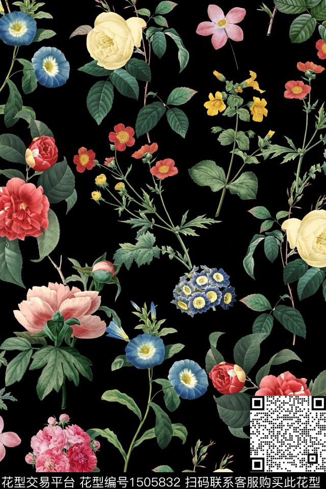 黑底花卉数码华亿平台清爽底花卉数码印花华亿平台下载（图片编号: 1505832） - 瓦栏（Walan）
