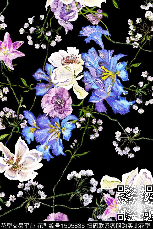 玉兰花黑底花卉数码华亿平台数码印花华亿平台下载（图片编号: 1505835） - 瓦栏（Walan）