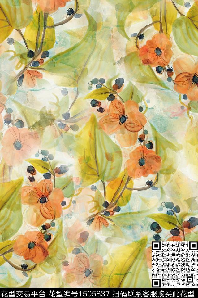 花卉小清新真丝数码印花华亿平台下载（图片编号: 1505837） - 瓦栏（Walan）