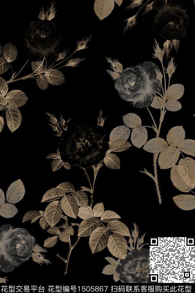 黑底花卉花卉大牌风数码印花华亿平台下载（图片编号: 1505867） - 瓦栏（Walan）