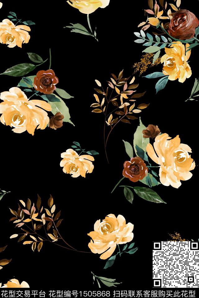 黑底花卉花卉大牌风数码印花华亿平台下载（图片编号: 1505868） - 瓦栏（Walan）
