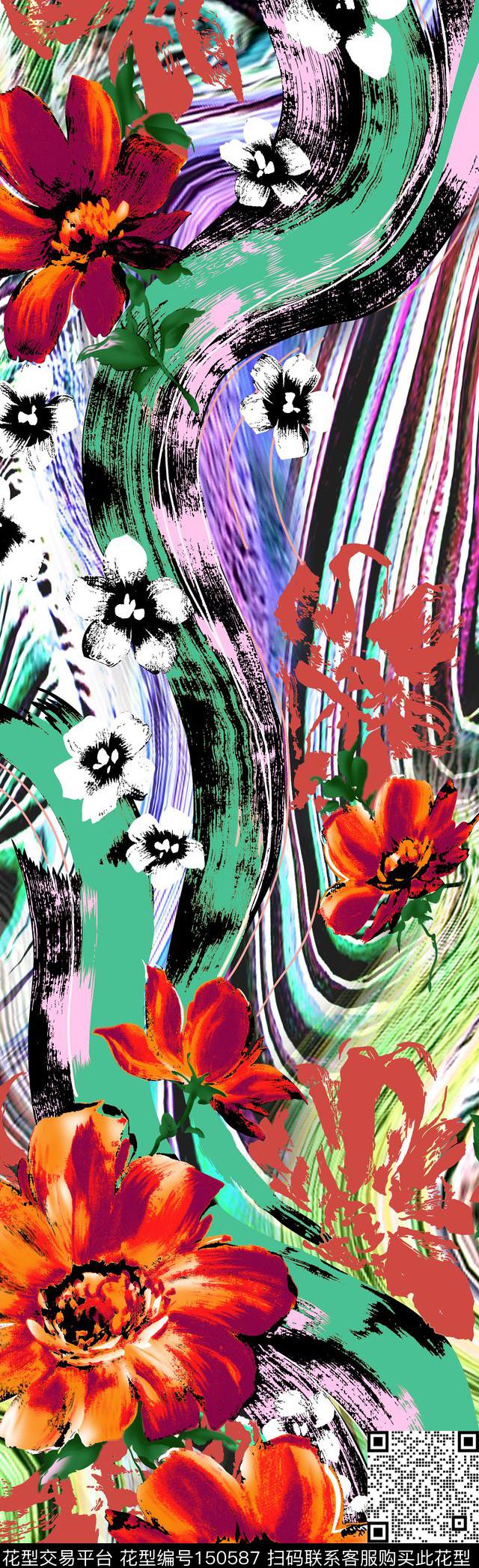 花卉线条菊花数码印花华亿平台下载（图片编号: 150587） - 瓦栏（Walan）