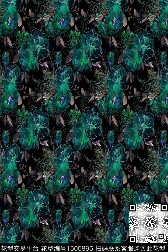 黑底花卉花卉孔雀蓝数码印花华亿平台下载（图片编号: 1505895） - 瓦栏（Walan）