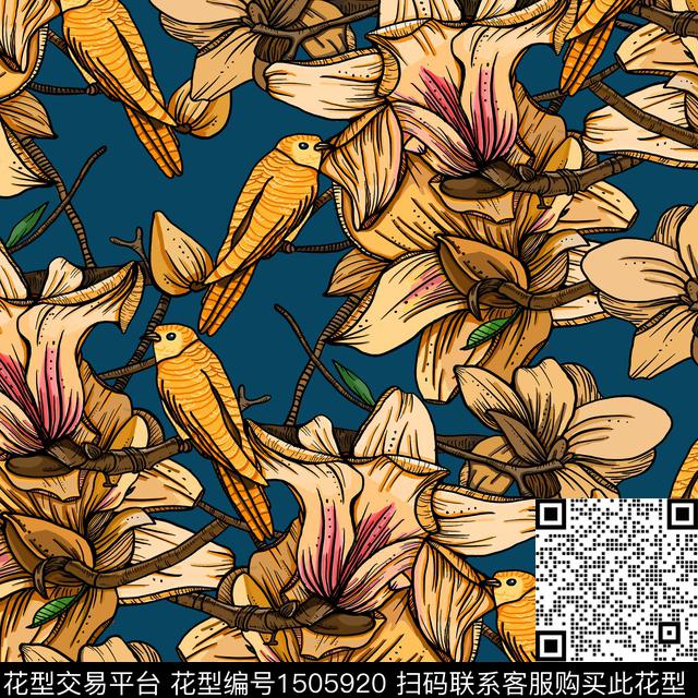 玉兰花花鸟真丝数码印花华亿平台下载（图片编号: 1505920） - 瓦栏（Walan）