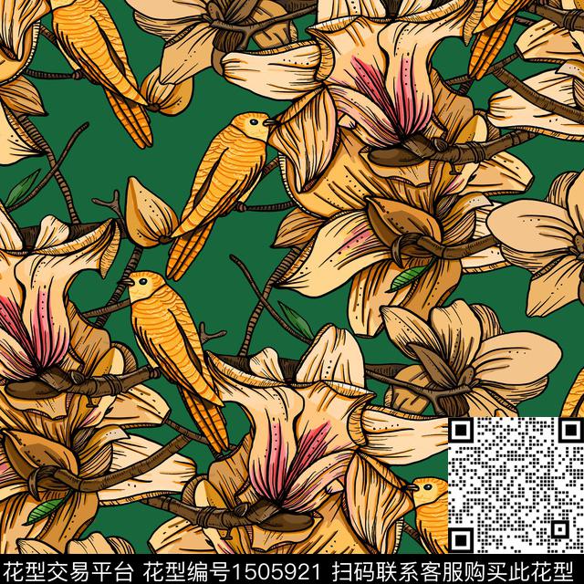玉兰花花鸟真丝数码印花华亿平台下载（图片编号: 1505921） - 瓦栏（Walan）