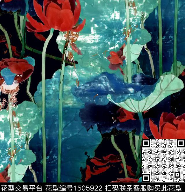 荷花水墨风真丝数码印花华亿平台下载（图片编号: 1505922） - 瓦栏（Walan）
