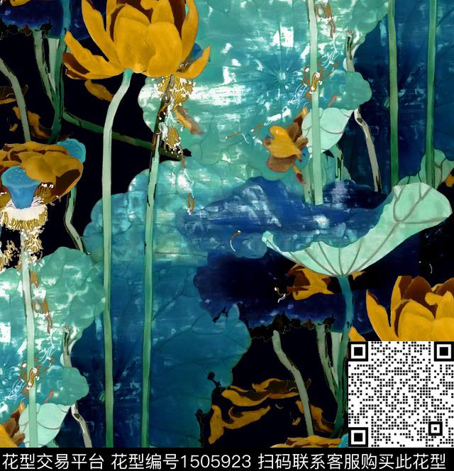 荷花水墨风真丝数码印花华亿平台下载（图片编号: 1505923） - 瓦栏（Walan）