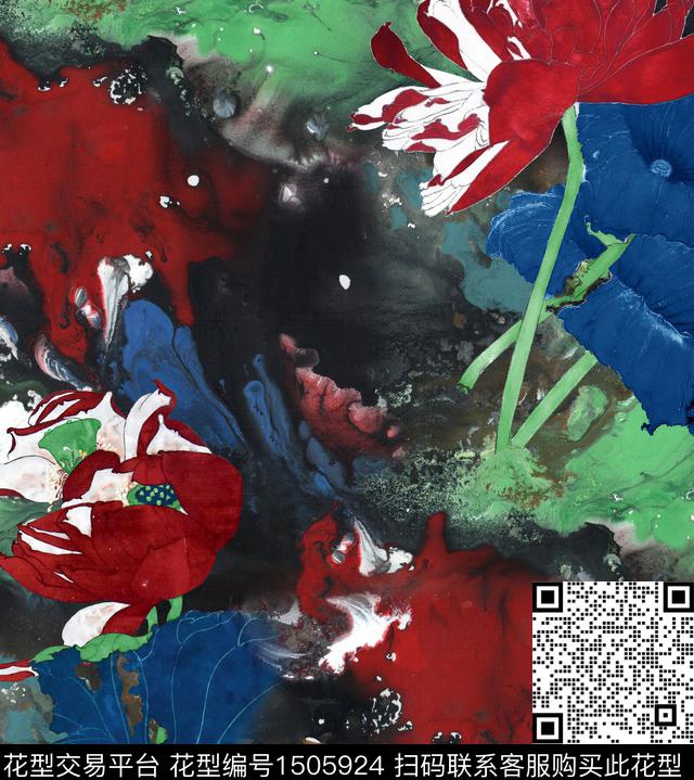 荷花水墨风真丝数码印花华亿平台下载（图片编号: 1505924） - 瓦栏（Walan）