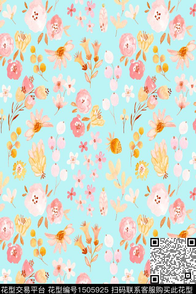 彩底花卉小清新手绘花卉数码印花华亿平台下载（图片编号: 1505925） - 瓦栏（Walan）