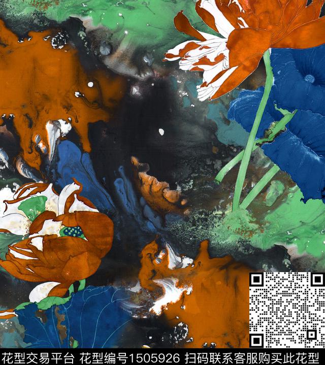 荷花水墨风真丝数码印花华亿平台下载（图片编号: 1505926） - 瓦栏（Walan）