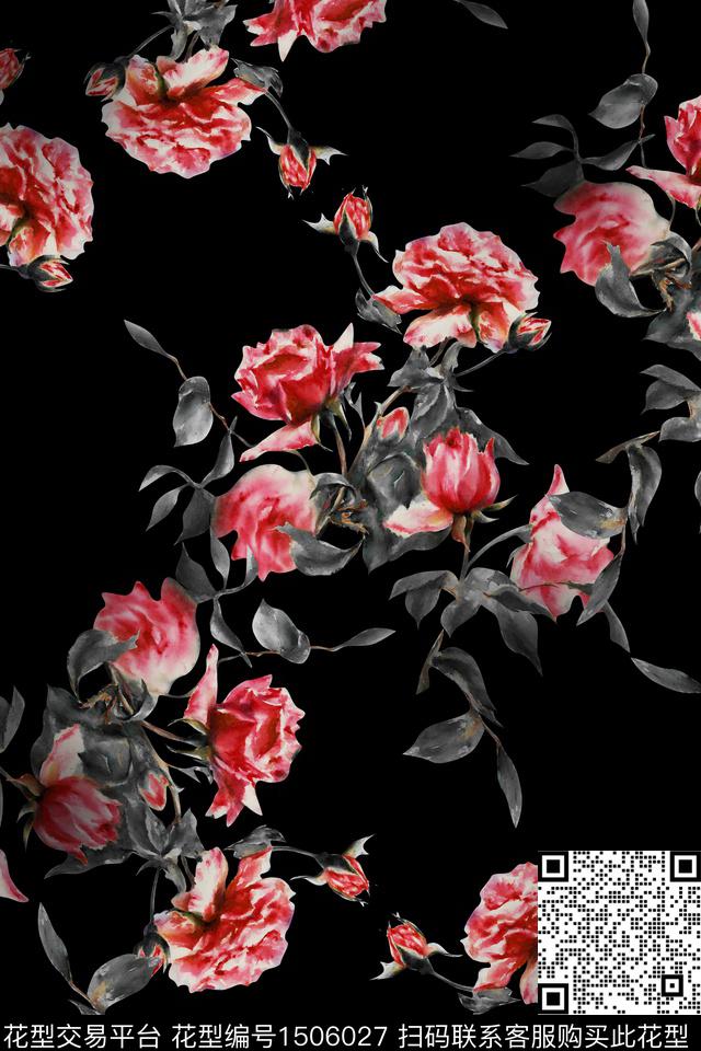 黑底花卉大牌风香云纱数码印花华亿平台下载（图片编号: 1506027） - 瓦栏（Walan）