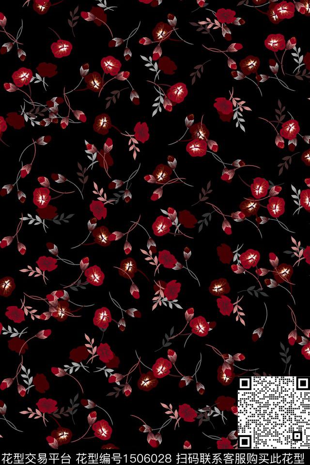 黑底花卉花卉大牌风数码印花华亿平台下载（图片编号: 1506028） - 瓦栏（Walan）