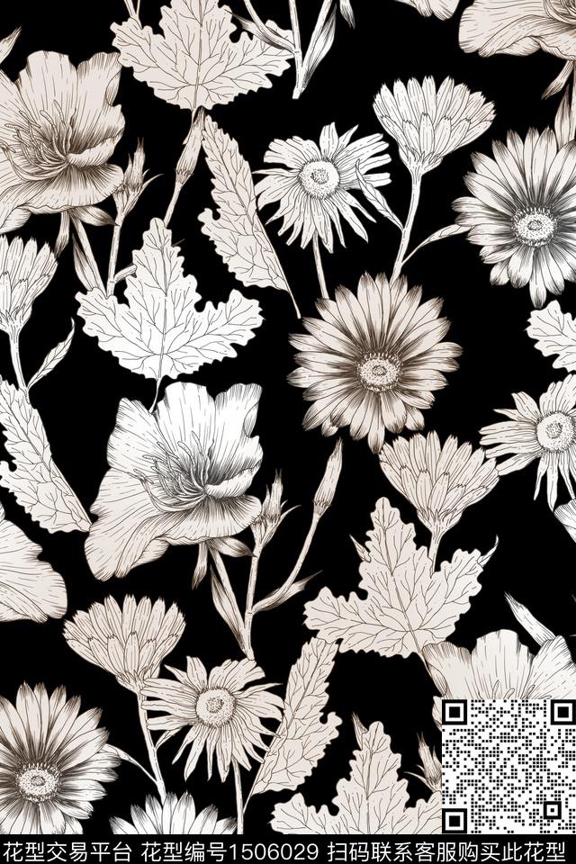 黑底花卉花卉大牌风数码印花华亿平台下载（图片编号: 1506029） - 瓦栏（Walan）