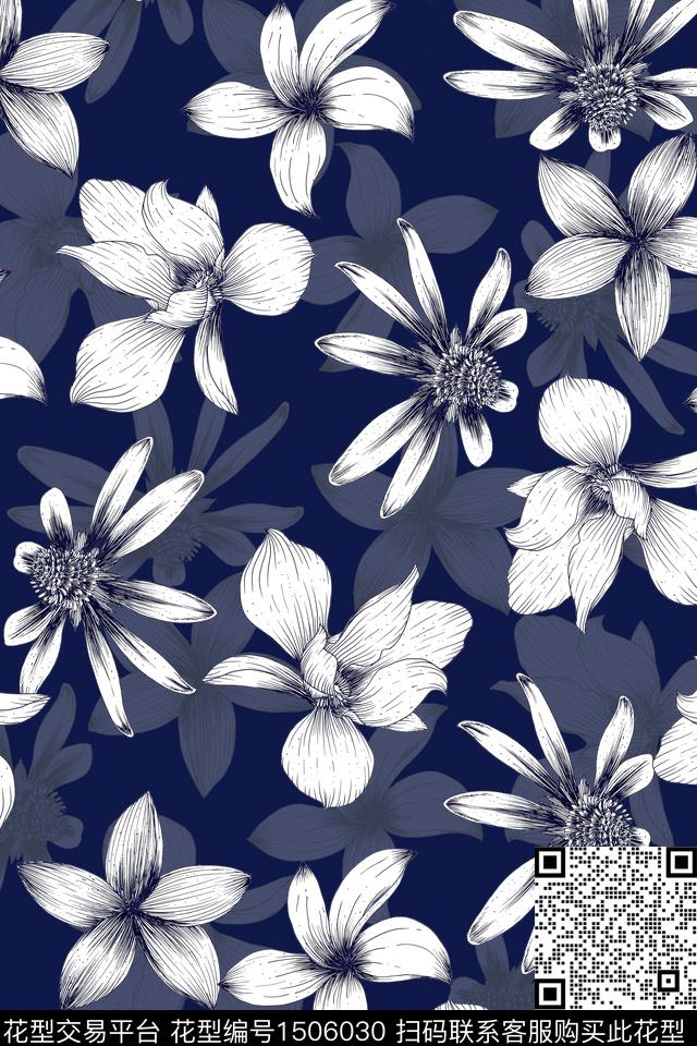 黑底花卉花卉大牌风数码印花华亿平台下载（图片编号: 1506030） - 瓦栏（Walan）
