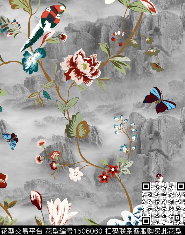 花卉蝴蝶花卉香云纱数码印花华亿平台下载（图片编号: 1506060） - 瓦栏（Walan）