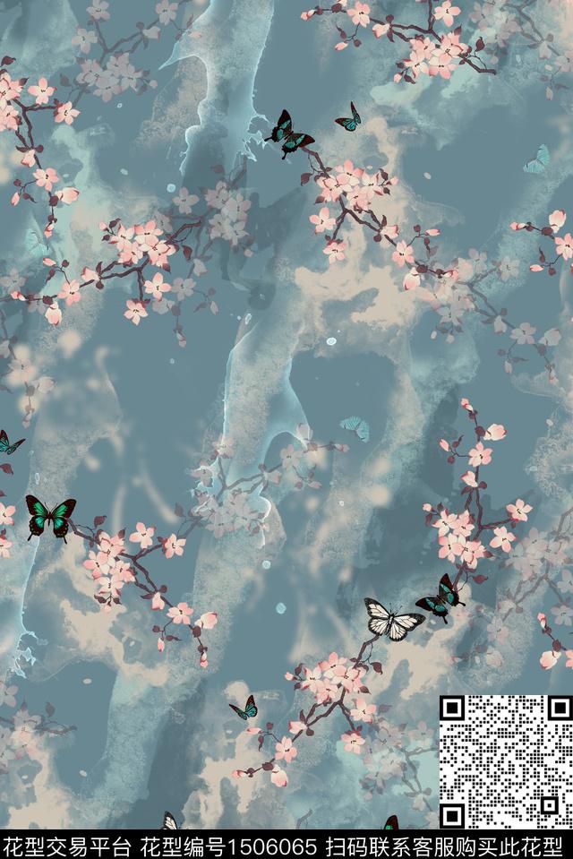 花卉蝴蝶水墨笔触数码印花华亿平台下载（图片编号: 1506065） - 瓦栏（Walan）