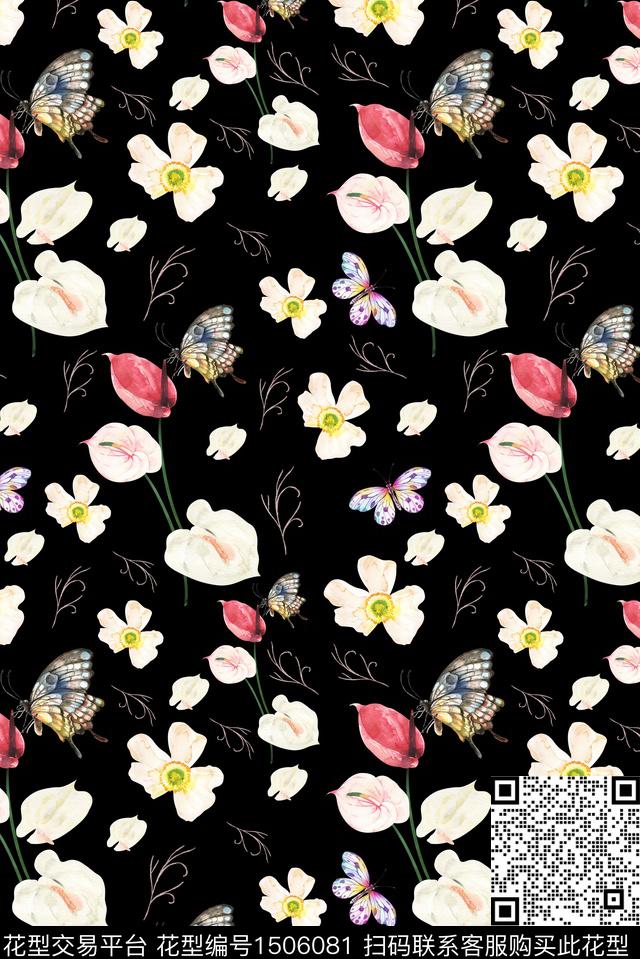 黑底花卉花卉小碎花数码印花华亿平台下载（图片编号: 1506081） - 瓦栏（Walan）