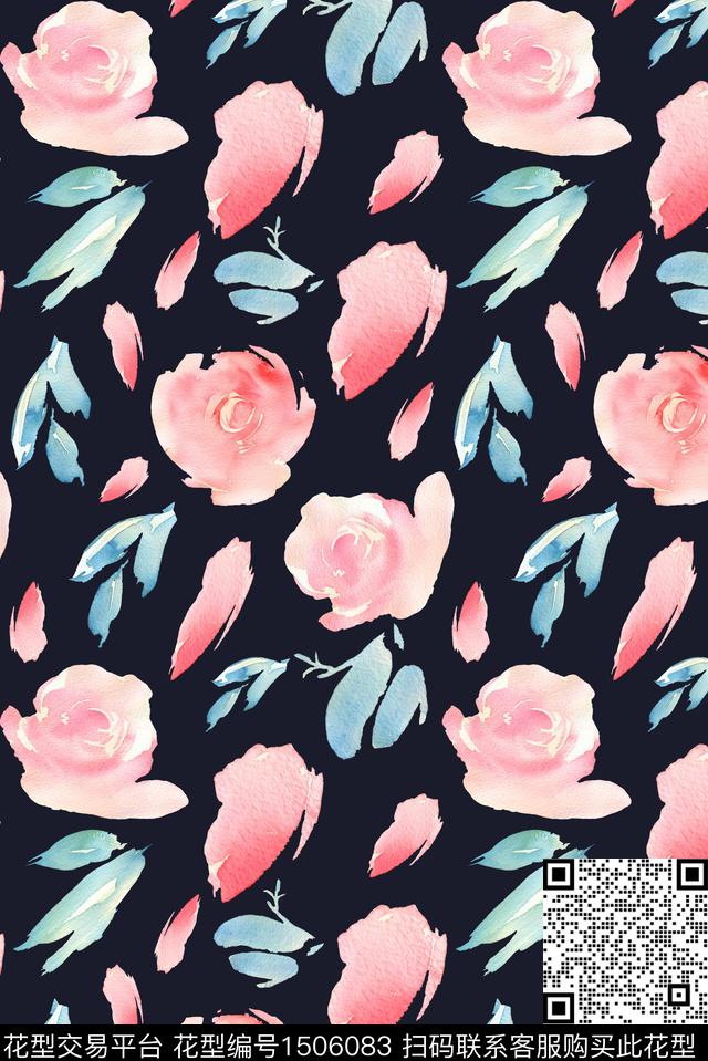 黑底花卉绿植树叶手绘花卉数码印花华亿平台下载（图片编号: 1506083） - 瓦栏（Walan）