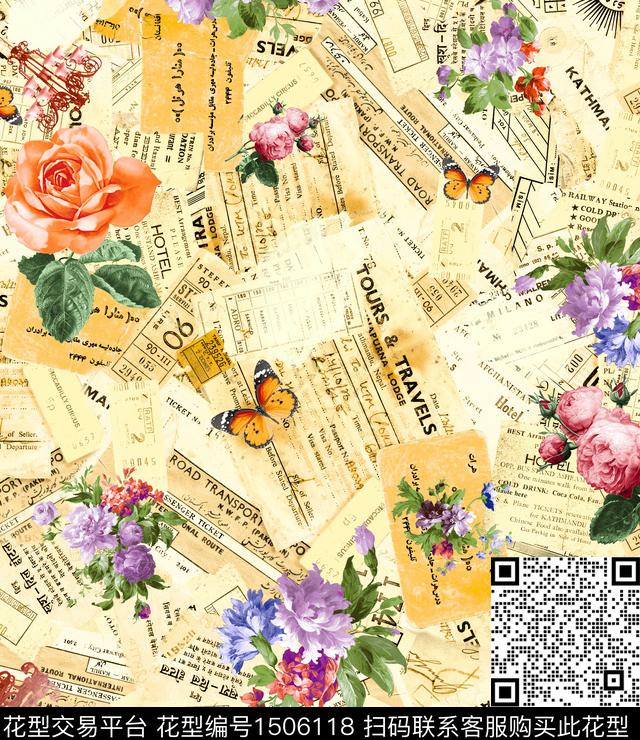 复古花卉大牌风数码印花华亿平台下载（图片编号: 1506118） - 瓦栏（Walan）