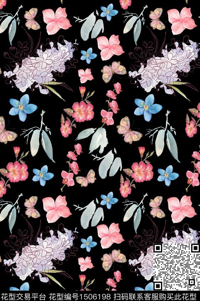 黑底花卉小碎花手绘花卉数码印花华亿平台下载（图片编号: 1506198） - 瓦栏（Walan）