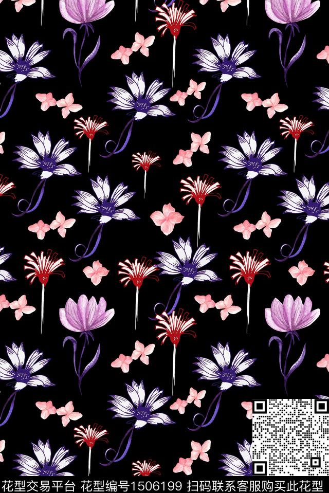 黑底花卉绿植树叶手绘花卉数码印花华亿平台下载（图片编号: 1506199） - 瓦栏（Walan）