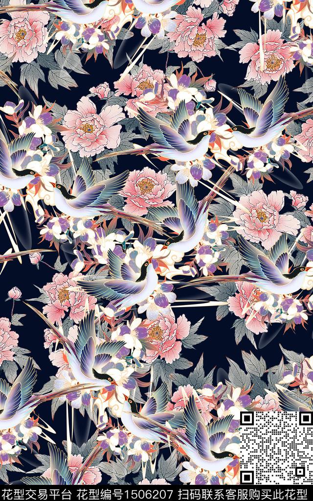 民族风印花花鸟印花真丝旗袍印花数码印花华亿平台下载（图片编号: 1506207） - 瓦栏（Walan）