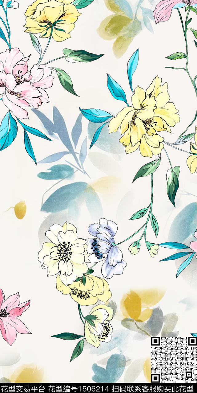 水彩水墨风花卉数码印花华亿平台下载（图片编号: 1506214） - 瓦栏（Walan）