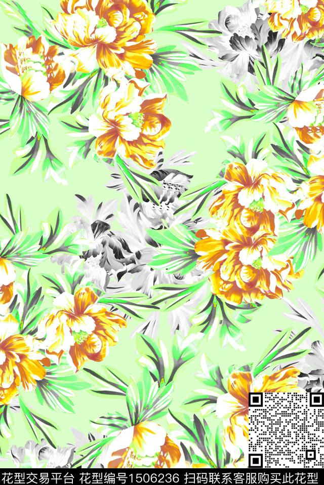 灰色花花卉手绘传统印花华亿平台下载（图片编号: 1506236） - 瓦栏（Walan）