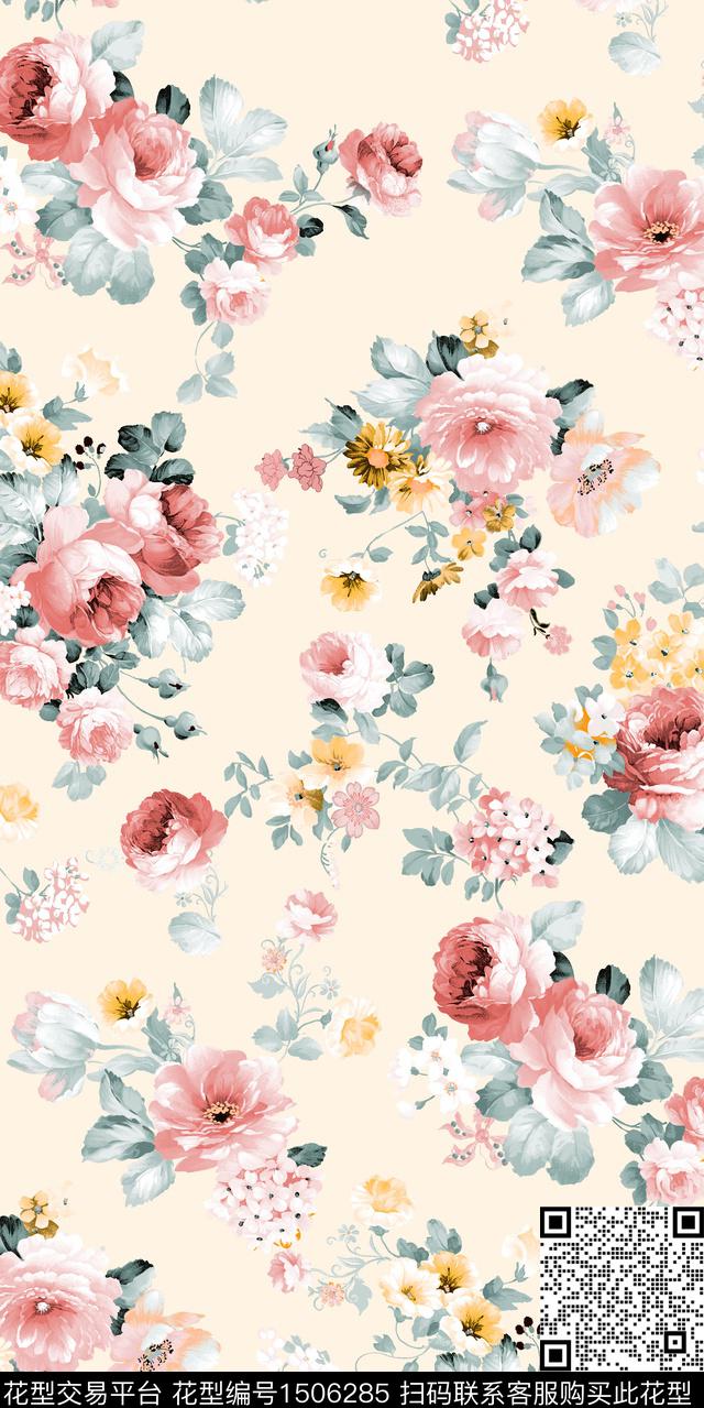 复古花卉大牌风数码印花华亿平台下载（图片编号: 1506285） - 瓦栏（Walan）