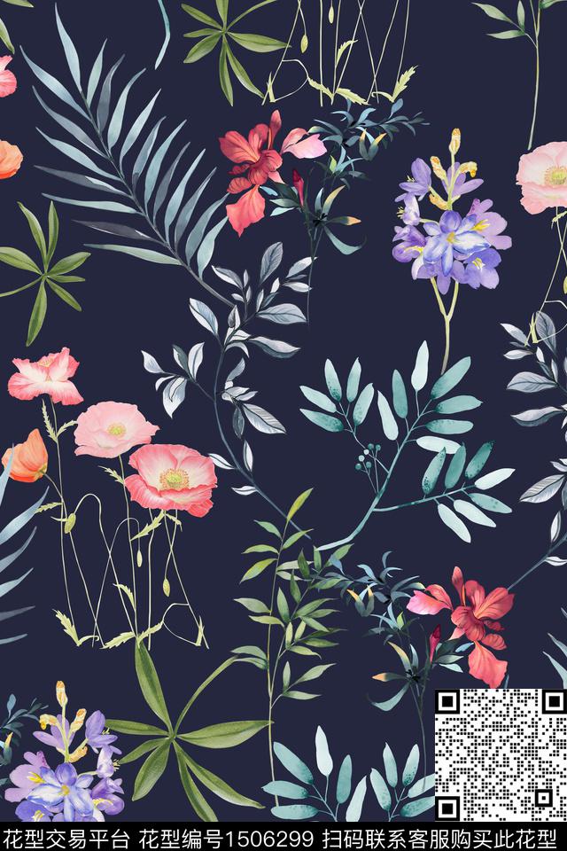 黑底花卉花卉真丝数码印花华亿平台下载（图片编号: 1506299） - 瓦栏（Walan）