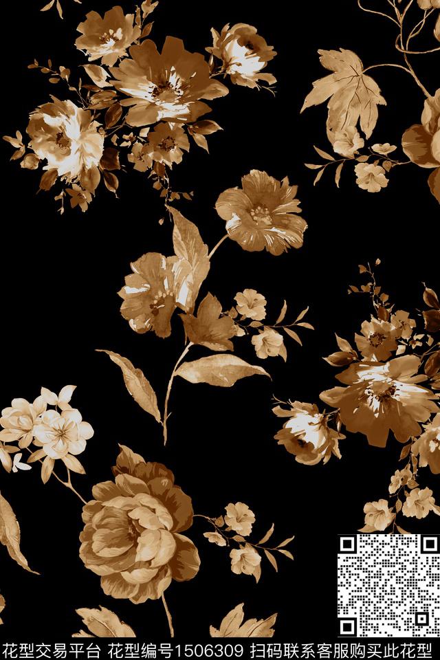 黑底花卉花卉大牌风数码印花华亿平台下载（图片编号: 1506309） - 瓦栏（Walan）